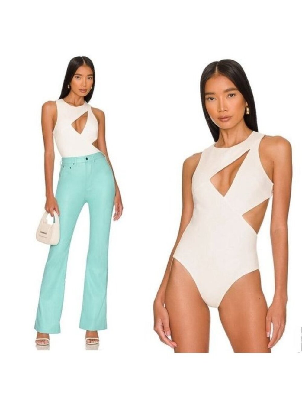 h:ours Kyoto Bodysuit XS White Cutout Sleeveless Lined Snap REVOLVE